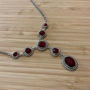 Elegant Silver and Red Gemstone 18” SCROLL Necklace NWT